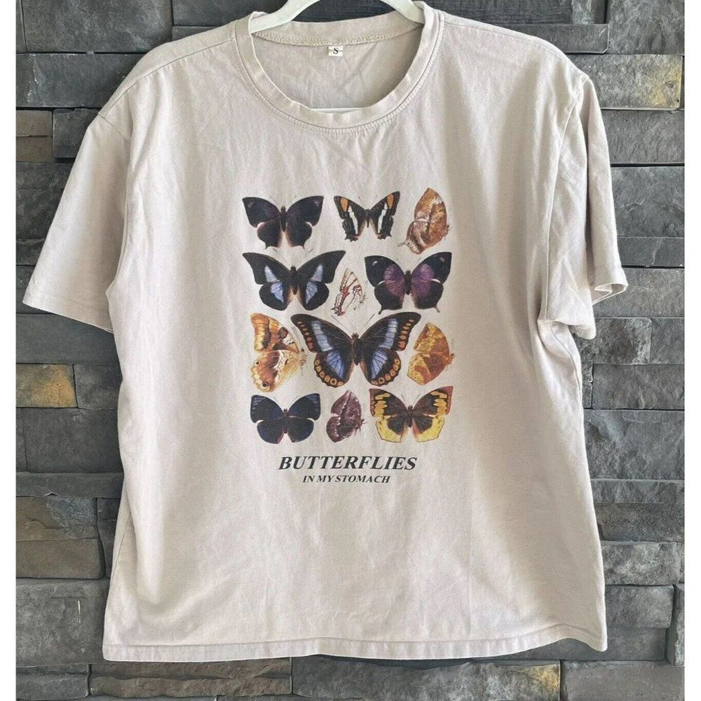 Shein Butterflies In My Stomach T Shirt Size S Womens Beige Light Tan